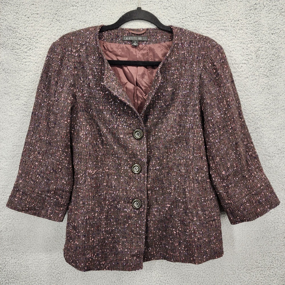 Lafayette 148 New York Womens 4 Virgin Wool Blend Tweed Blazer Purple Brown Pink